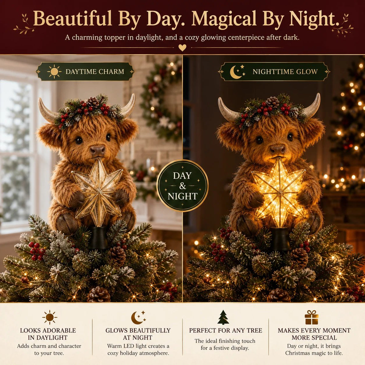 🎄 Last Day 50% OFF✨-🐮Baby Highland Cow Glowing Star Tree Topper for Magical Christmas Decor ✨