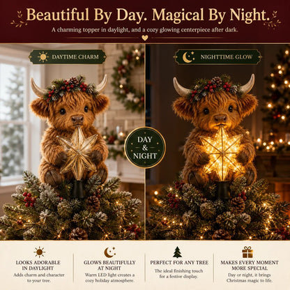 🎄 Last Day 50% OFF✨-🐮Baby Highland Cow Glowing Star Tree Topper for Magical Christmas Decor ✨