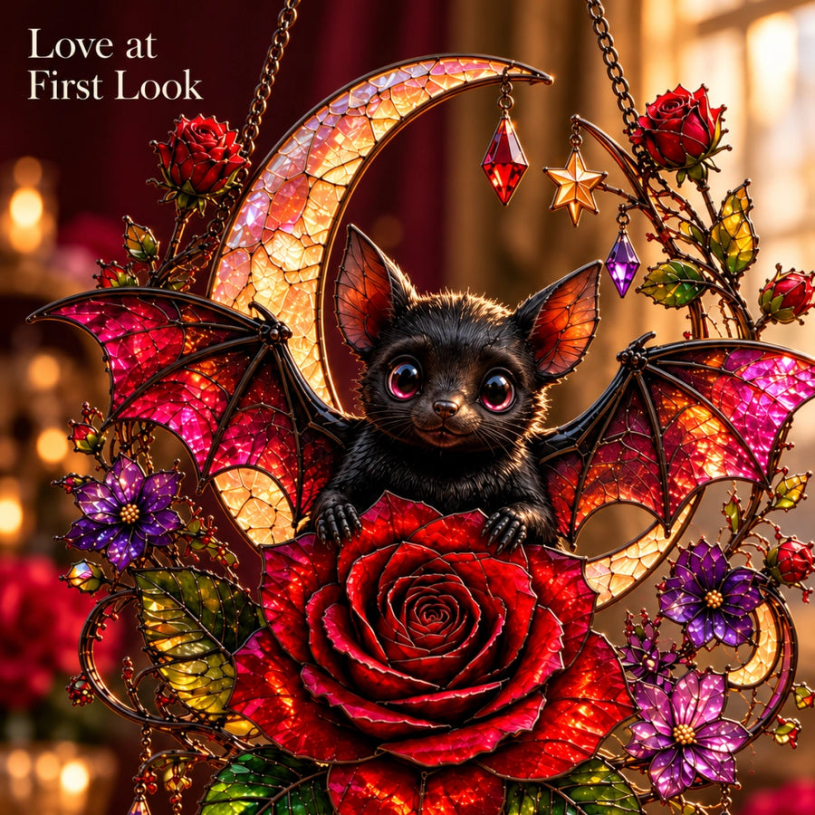Midnight Romance bat, crescent moon and rose hanging decor