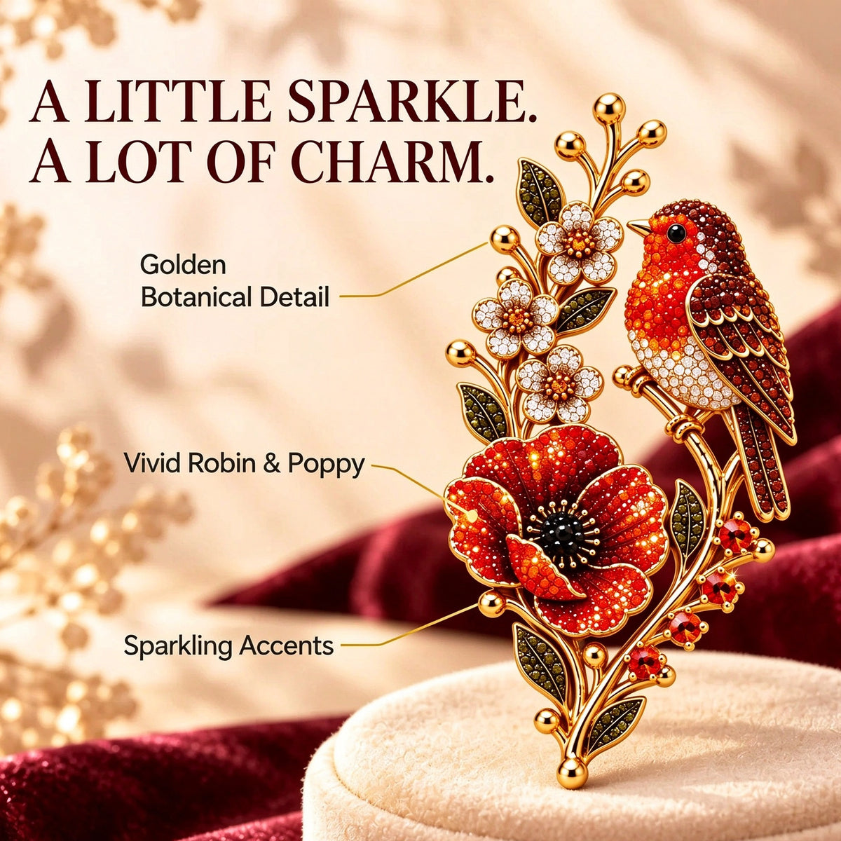 🌸 Last Day 50% OFF✨-🐦 Sparkling Robin & Poppy Vintage Crystal Brooch 🌹
