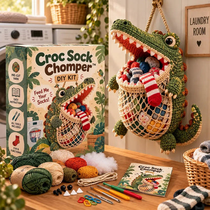 Croc Sock Chomper crochet kit displayed with the finished animal holder