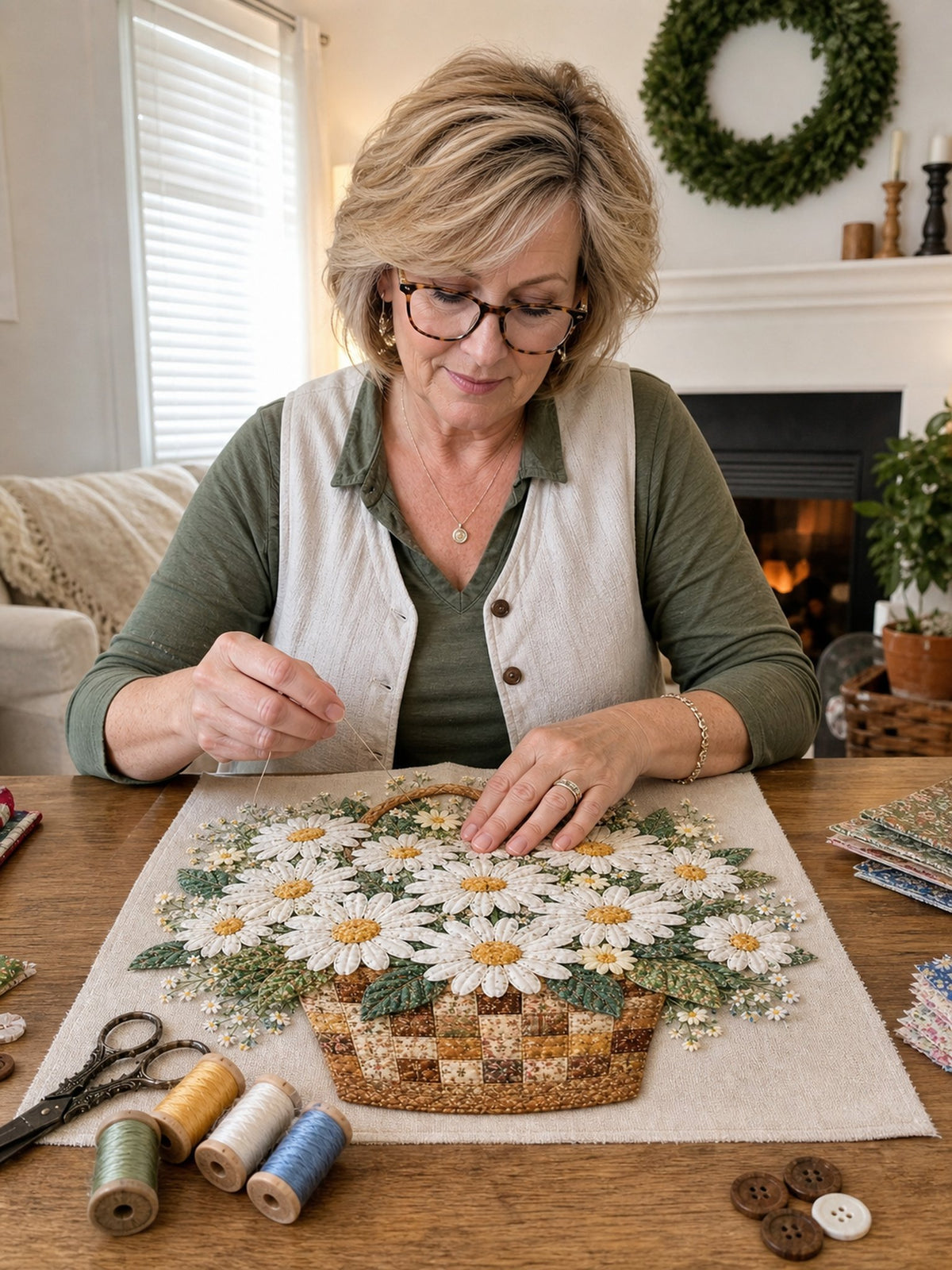🧵HOT SALE 50% OFF✨ -🌸 Floral Basket Patchwork DIY Kit with 3D Layered Fabric Flowers for Creative Home Decor & Gifts 🎁