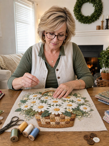 🧵HOT SALE 50% OFF✨ -🌸 Floral Basket Patchwork DIY Kit with 3D Layered Fabric Flowers for Creative Home Decor & Gifts 🎁