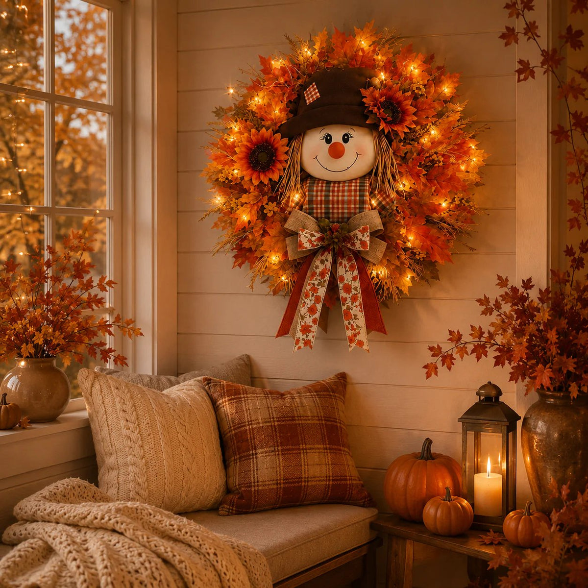🍁 Holiday Celebration 50% OFF 🌻-🍂Lighted Scarecrow Fall Wreath for a Cozy, Welcoming Front Door Display ✨