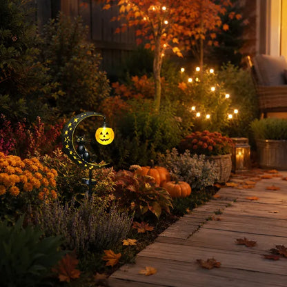 🎃 Solar Halloween Black Cat & Pumpkin Moon Garden Light ✨