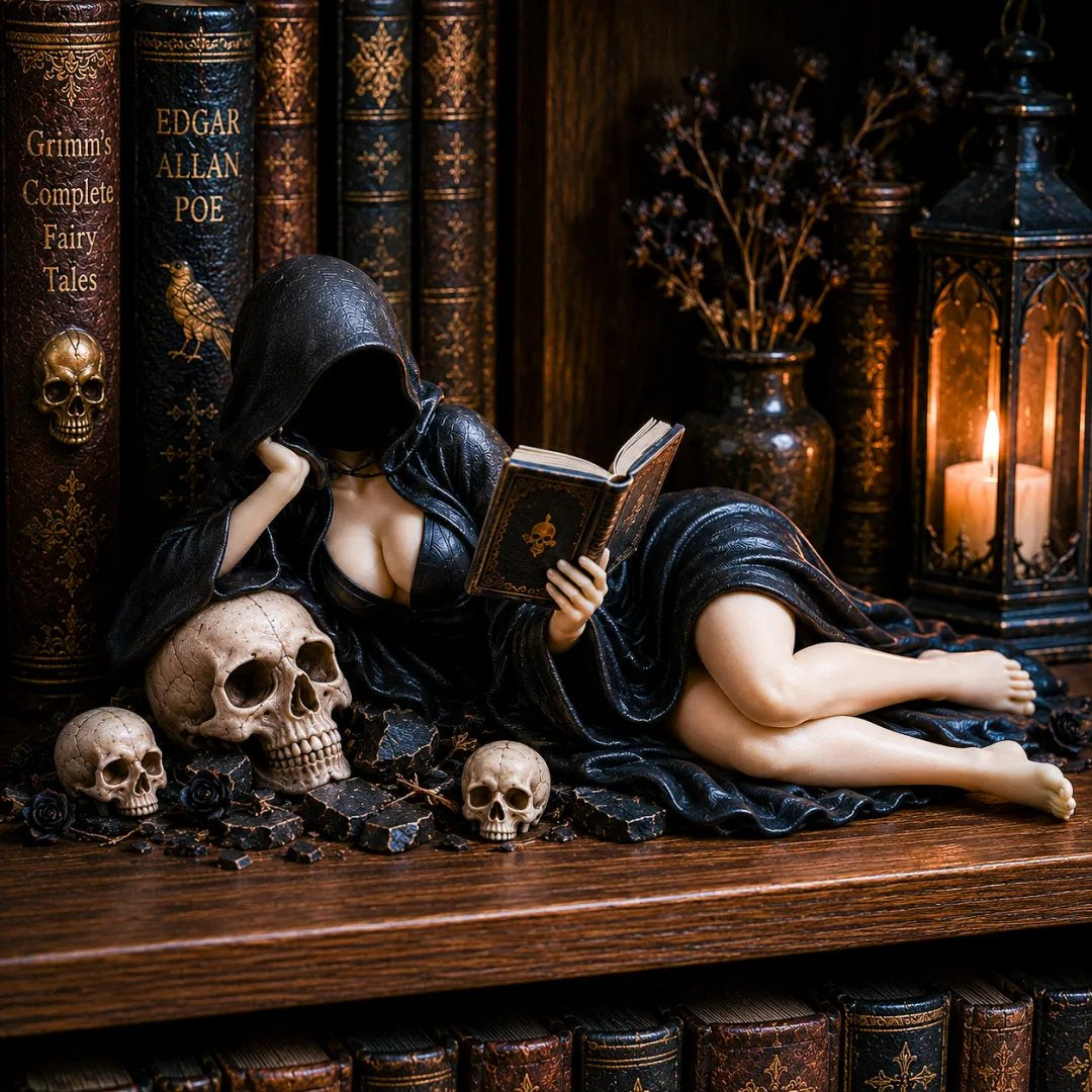 🖤Gothic Hooded Reader Figurine – Dark Academia Bookshelf Decor