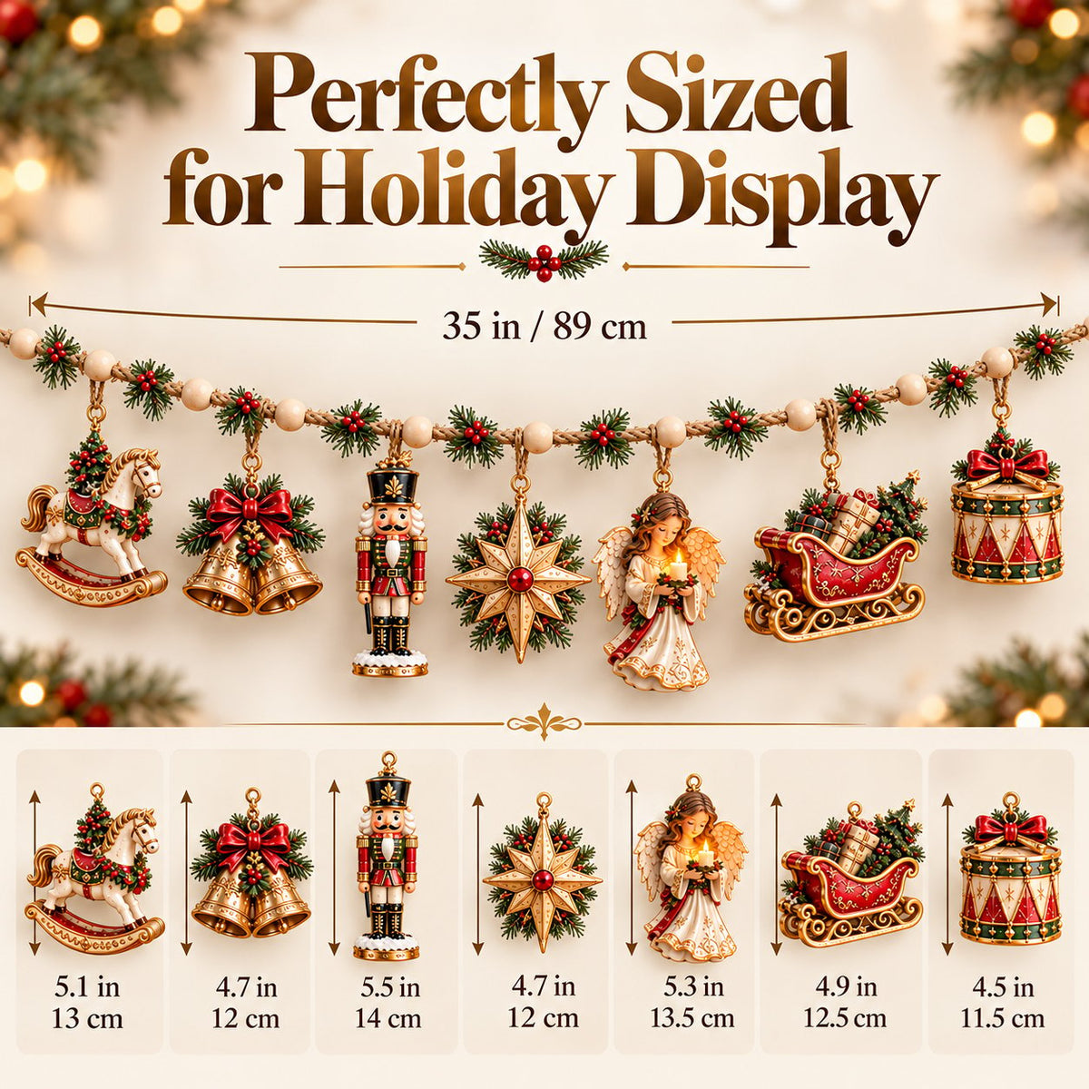 7-Piece Vintage Christmas Garland |Removable 3D Ornaments