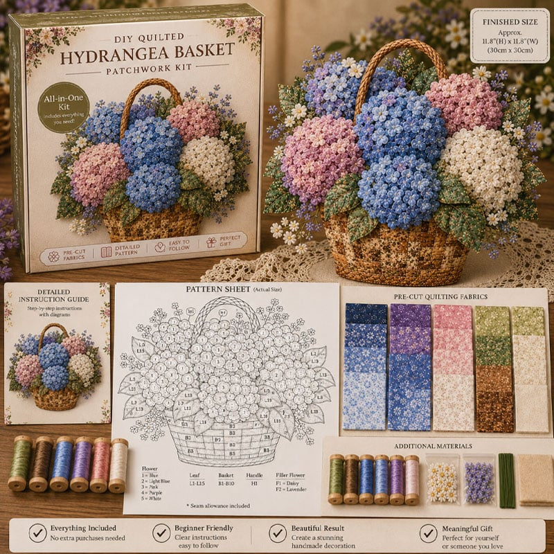 🧵HOT SALE 50% OFF✨ -🌸 Floral Basket Patchwork DIY Kit with 3D Layered Fabric Flowers for Creative Home Decor & Gifts 🎁