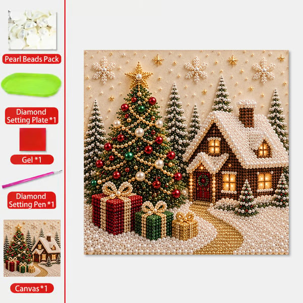 🎅 🎄 Premium 3D Pearl Christmas Wall Art Kit | Luxury Flocked Canvas with Scratch-Resistant Non-Fading Pearl Beads DIY Holiday Decor⛄️❄️