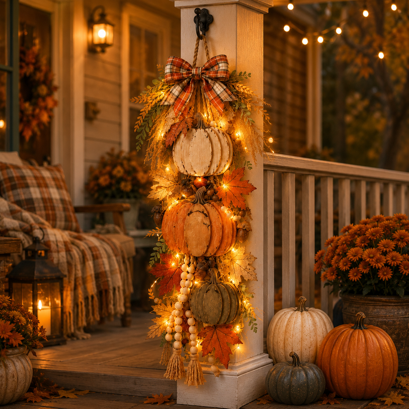 🎃🍂 Rustic Wooden Pumpkin Door Hanging ✨ Fall Front Door Decor with Warm LED Lights 🏡