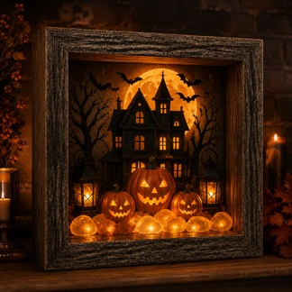 ⏰Last day Promotion 🔥-✨ DIY Halloween Shadow Box Kit with Warm LED Glow for Cozy Fall Decor 🎃