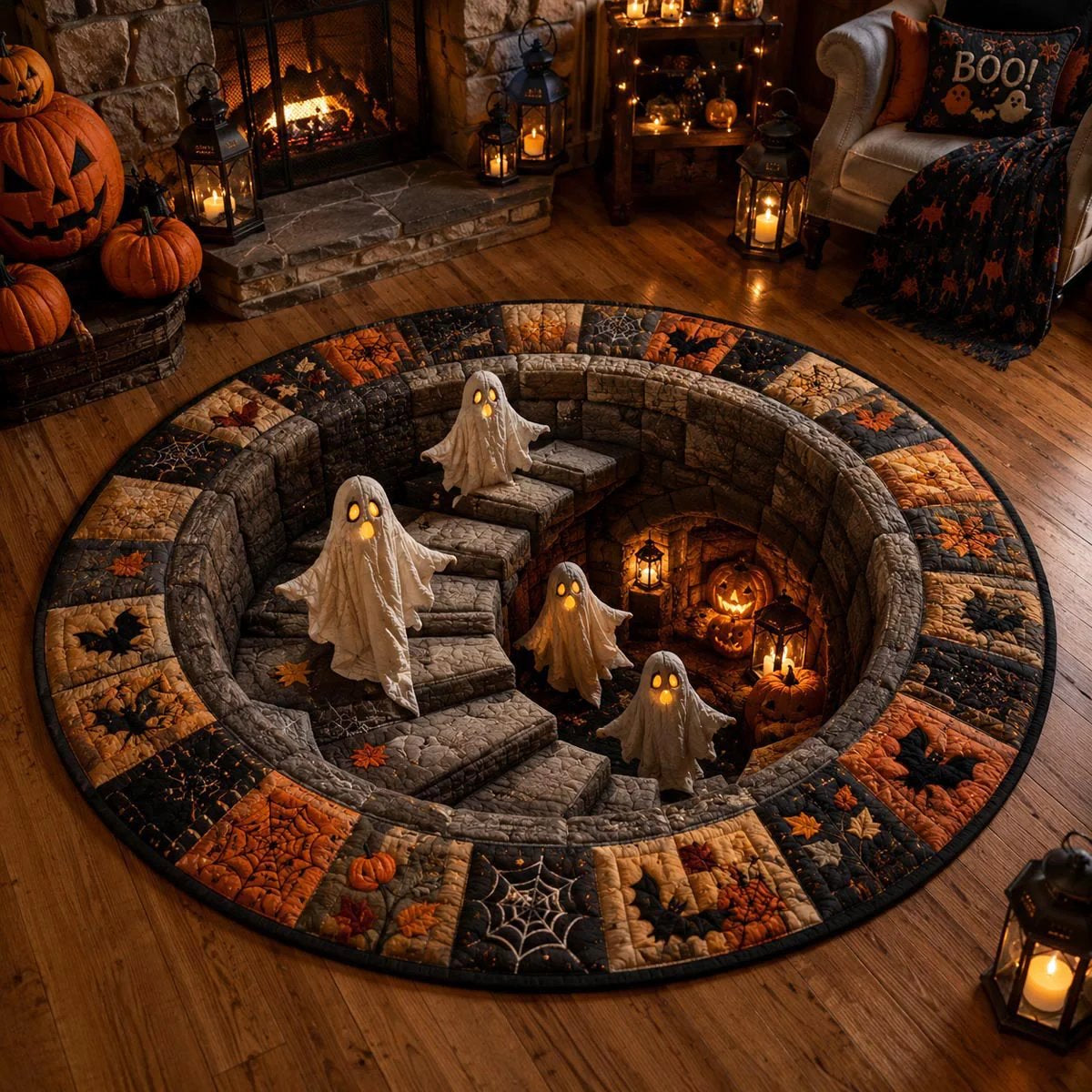 🎃👻 3D Haunted Staircase Round Rug Spooky Halloween Optical Illusion Floor Decor