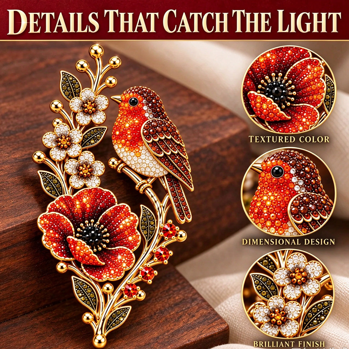 🌸 Last Day 50% OFF✨-🐦 Sparkling Robin & Poppy Vintage Crystal Brooch 🌹