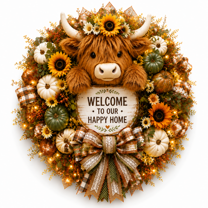 🔥 Last Day 50% OFF✨-🐮Highland Cow Welcome Wreath for Cozy Farmhouse Entryway Decor & Charming Seasonal Home Style 🌾