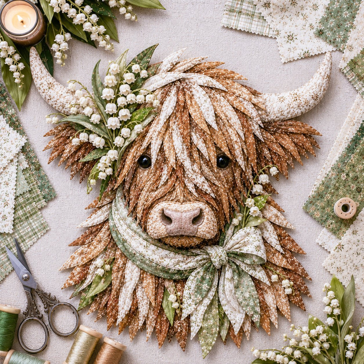 🔥 Last Day 50% OFF✨-🐮 DIY Highland Cow 3D Fabric Art Kit with Beautiful Birth Flower Design 🌸✨