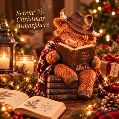 📚Last day Promotion 🔥-🐮Enchanted Highland Cow Reader Sculpture for Cozy Winter Book Nook Decor 📚
