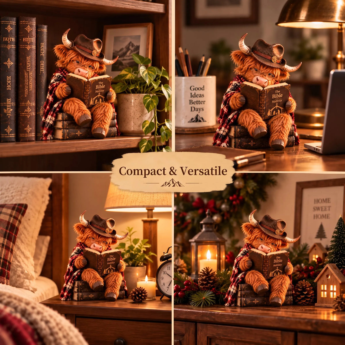 📚Last day Promotion 🔥-🐮Enchanted Highland Cow Reader Sculpture for Cozy Winter Book Nook Decor 📚