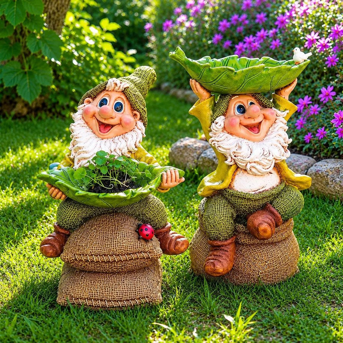 Birdie Butler Gnome — Whimsical Leaf Feeder Garden Statue