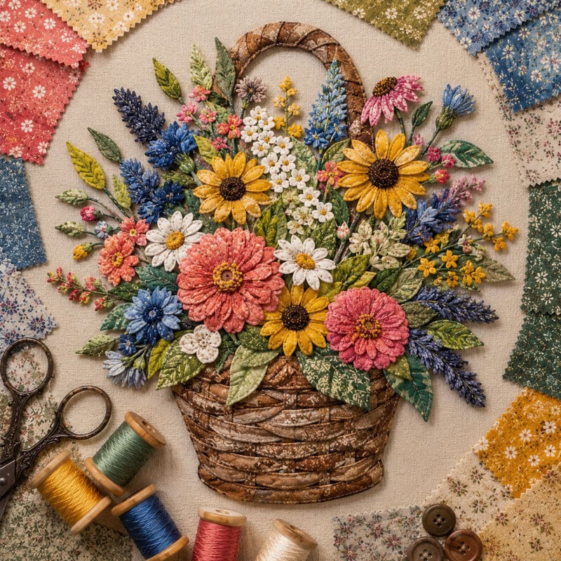 🧵HOT SALE 50% OFF✨ -🌸 Floral Basket Patchwork DIY Kit with 3D Layered Fabric Flowers for Creative Home Decor & Gifts 🎁