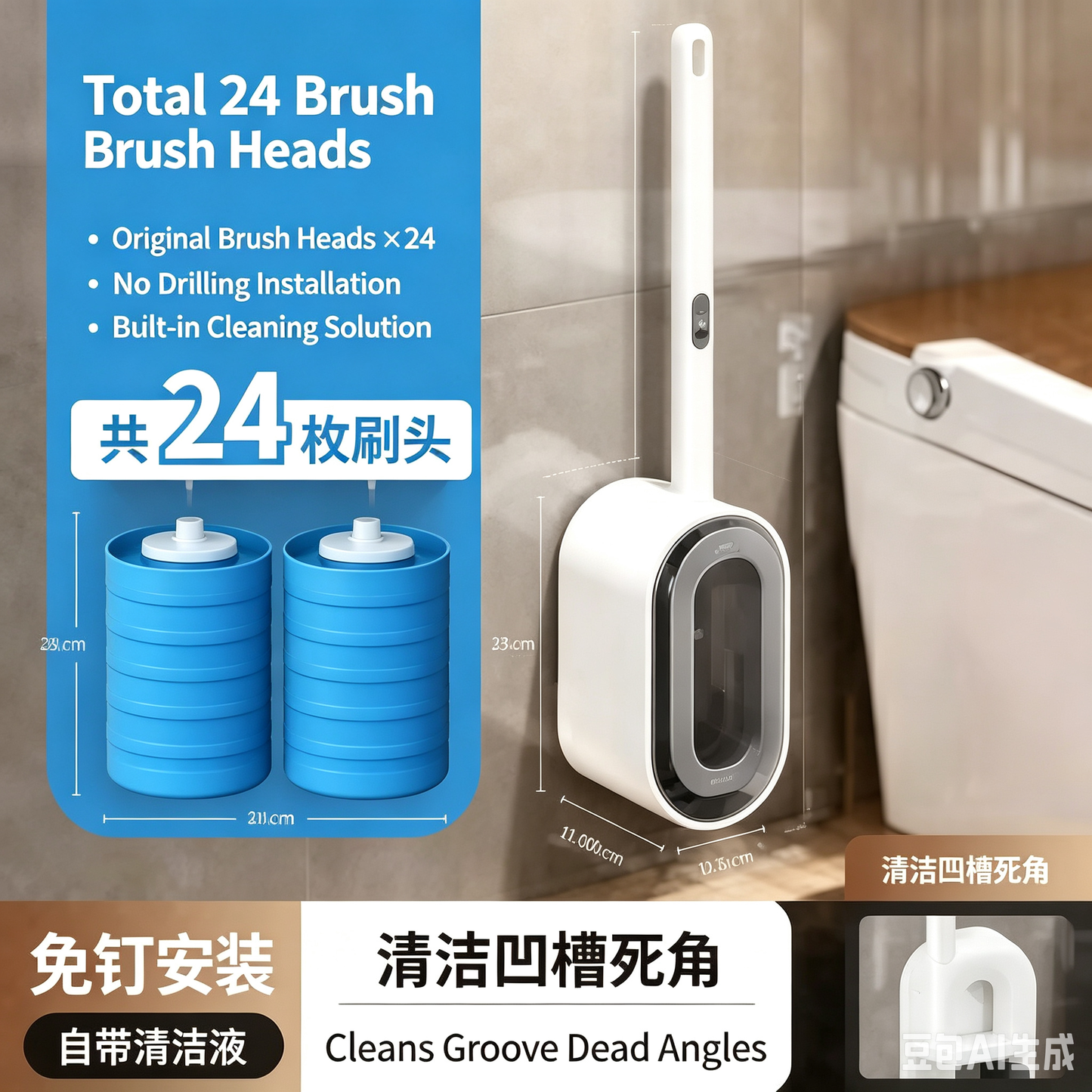 Disposable Toilet Brush Kit - 24 Refill Heads & Holder, Rotating No-Touch Deep Cleaner for Under-Rim & Corner, Bathroom Cleaning Tool for Home