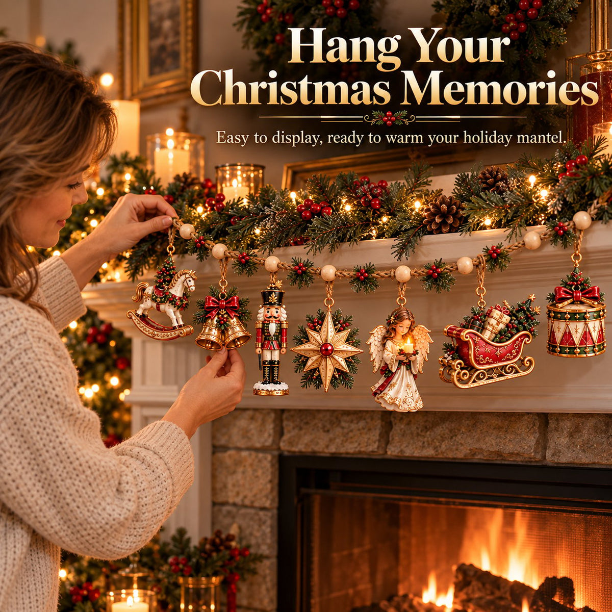 7-Piece Vintage Christmas Garland |Removable 3D Ornaments