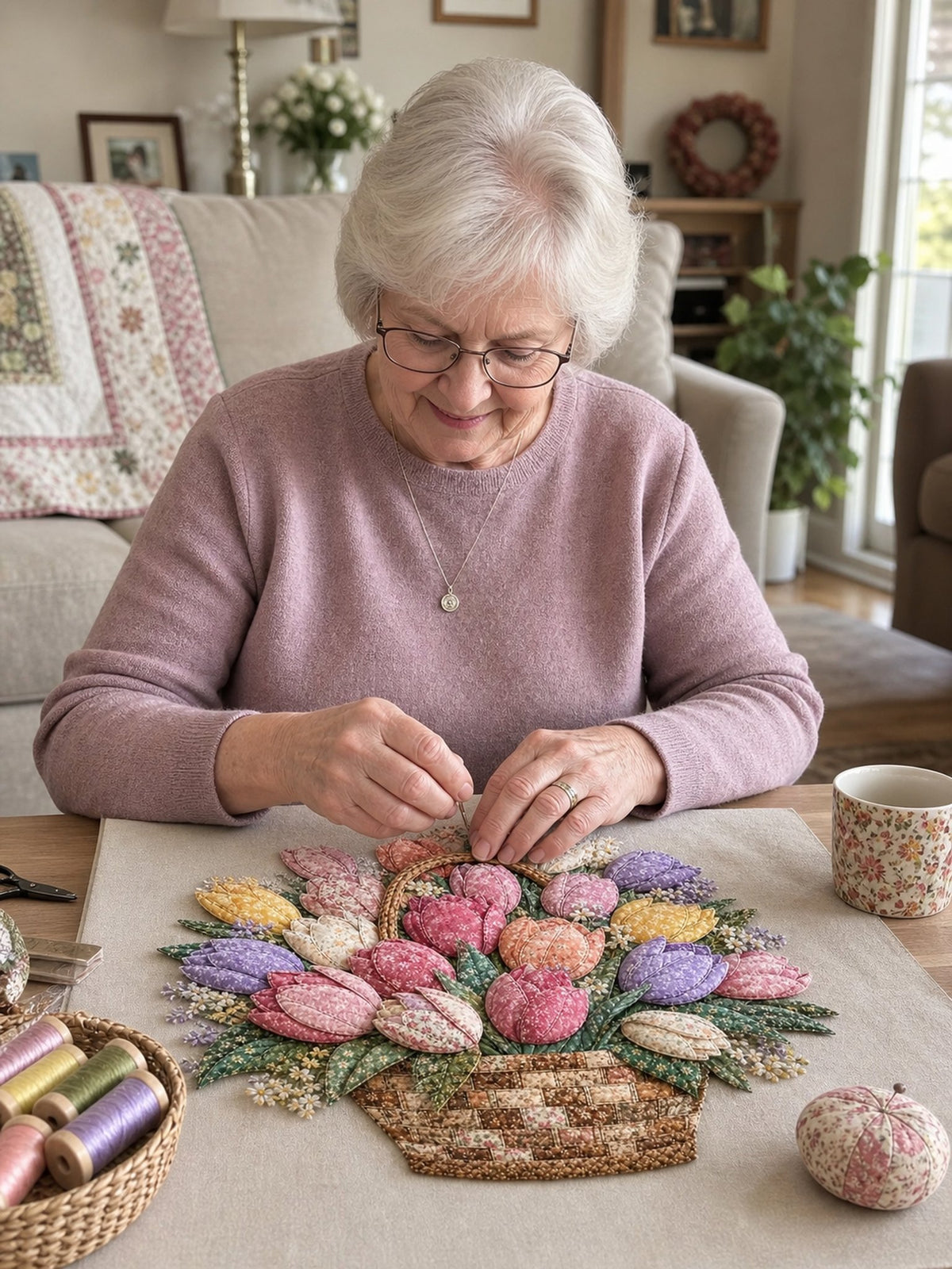 🧵HOT SALE 50% OFF✨ -🌸 Floral Basket Patchwork DIY Kit with 3D Layered Fabric Flowers for Creative Home Decor & Gifts 🎁