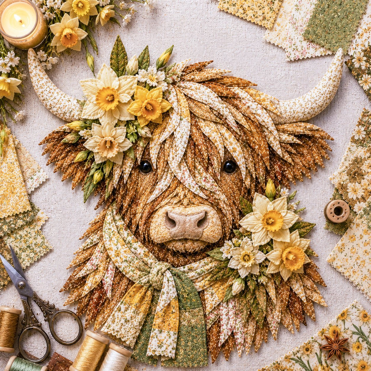 🔥 Last Day 50% OFF✨-🐮 DIY Highland Cow 3D Fabric Art Kit with Beautiful Birth Flower Design 🌸✨