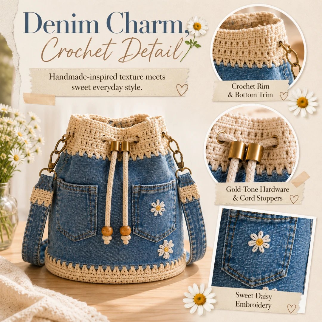 ✨ Hot Sale 50% -✨👜Handmade Denim Crochet Bucket Bag