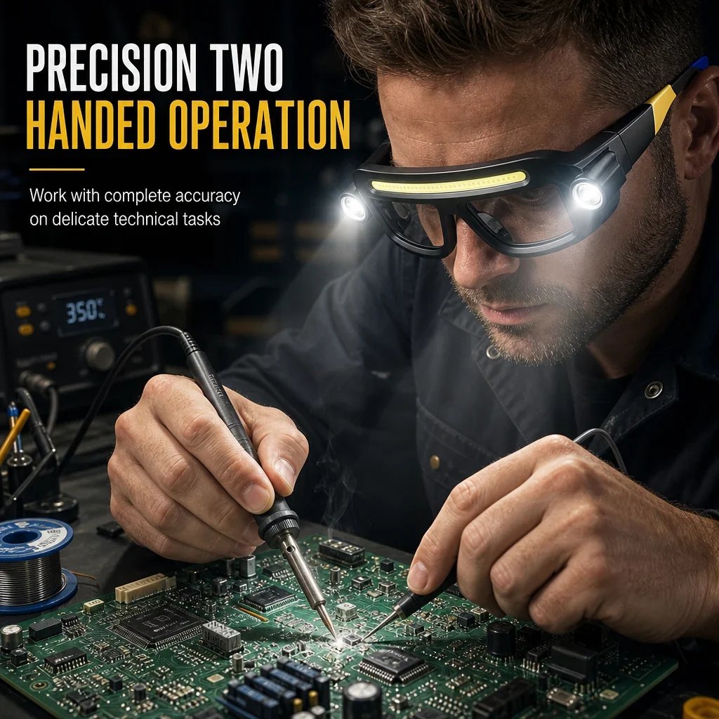 Hands Free Dual Beam LED Flashlight Glasses, Type-C Rechargeable COB Work Light Glasses for Mechanics, Camping & Repair