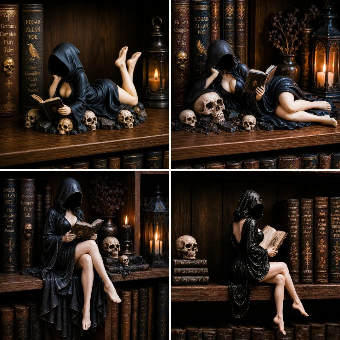 🖤Gothic Hooded Reader Figurine – Dark Academia Bookshelf Decor
