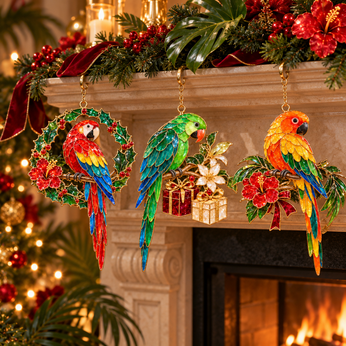 🦜 Holiday Celebration 50% OFF ✨-Colorful Tropical Parrot Christmas Ornaments Set of 6 🌴