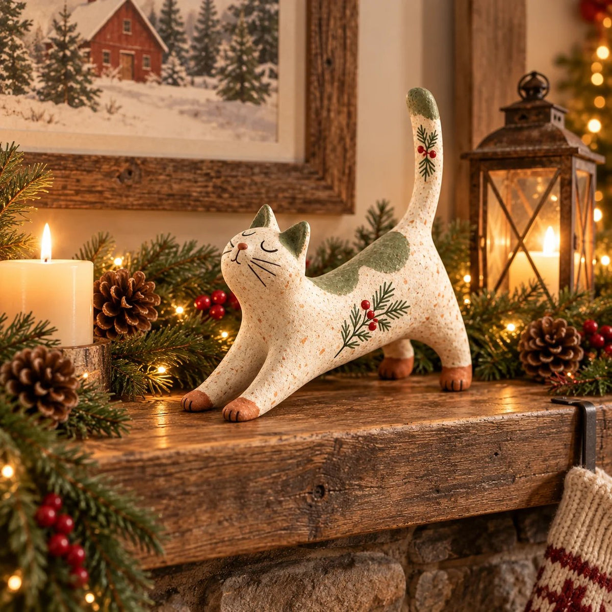 🐾 Holiday Celebration 50% OFF ✨-🐈 Woodland Christmas Cat Figurine for Cozy Holiday Decor 🏡