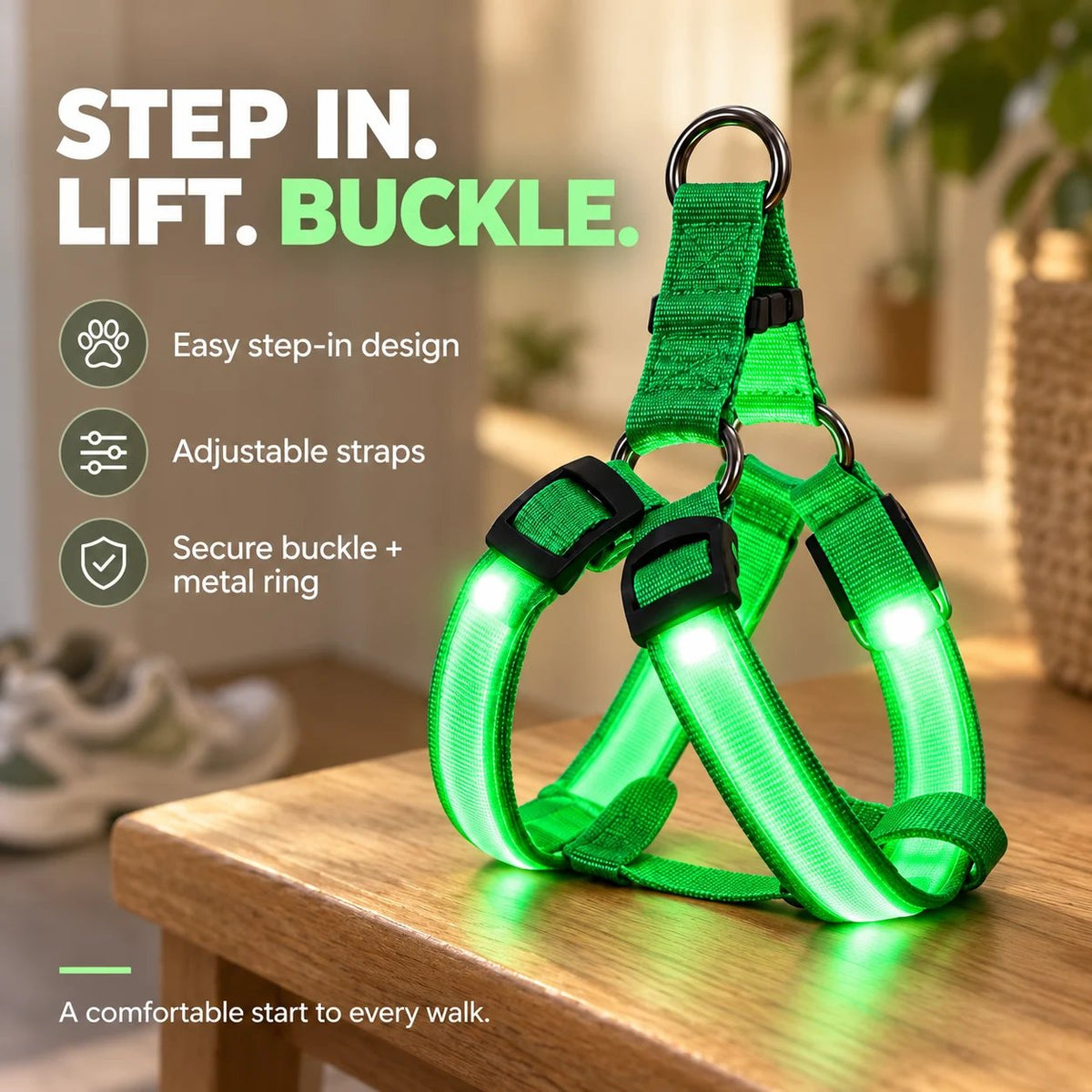 Green LED dog harness showing step-in design adjustable straps and secure buckle