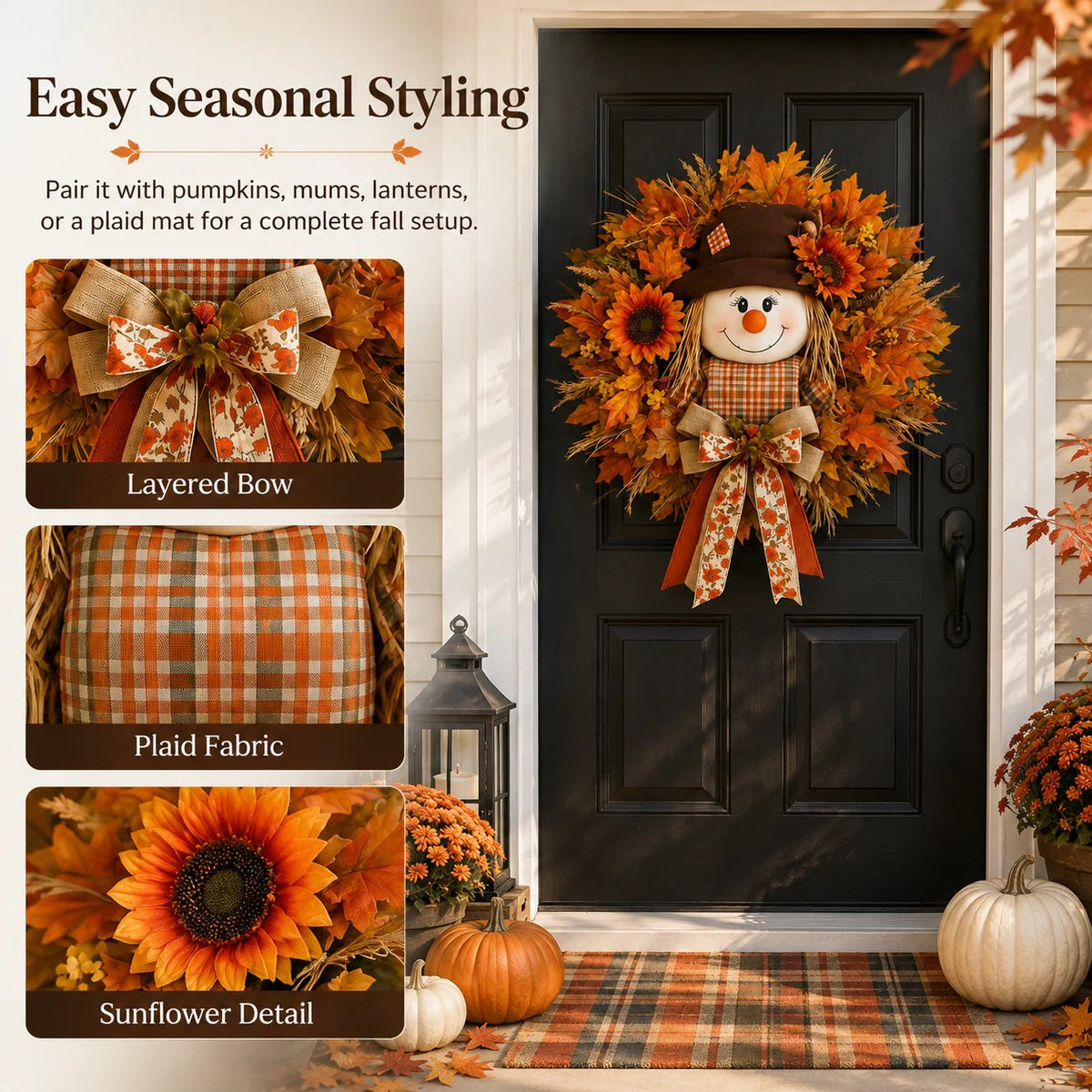🍁 Holiday Celebration 50% OFF 🌻-🍂Lighted Scarecrow Fall Wreath for a Cozy, Welcoming Front Door Display ✨