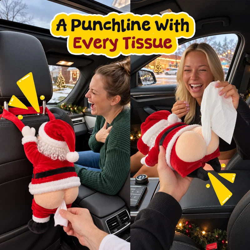 Tissue being pulled from the novelty Santa cover