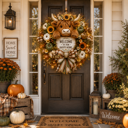 🔥 Last Day 50% OFF✨-🐮Highland Cow Welcome Wreath for Cozy Farmhouse Entryway Decor & Charming Seasonal Home Style 🌾