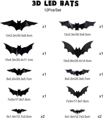 🦇 3D LED Flying Bats Halloween Wall Decor | 12-60PCS Realistic Bat Stickers with Lights