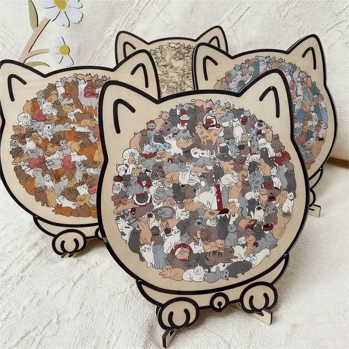 🎁135-Piece Morandi-Colored Cat Shaped Wooden Jigsaw Puzzle