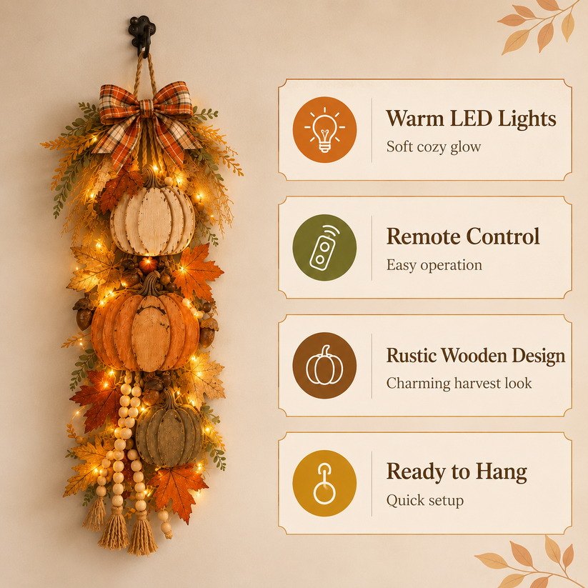 🎃🍂 Rustic Wooden Pumpkin Door Hanging ✨ Fall Front Door Decor with Warm LED Lights 🏡