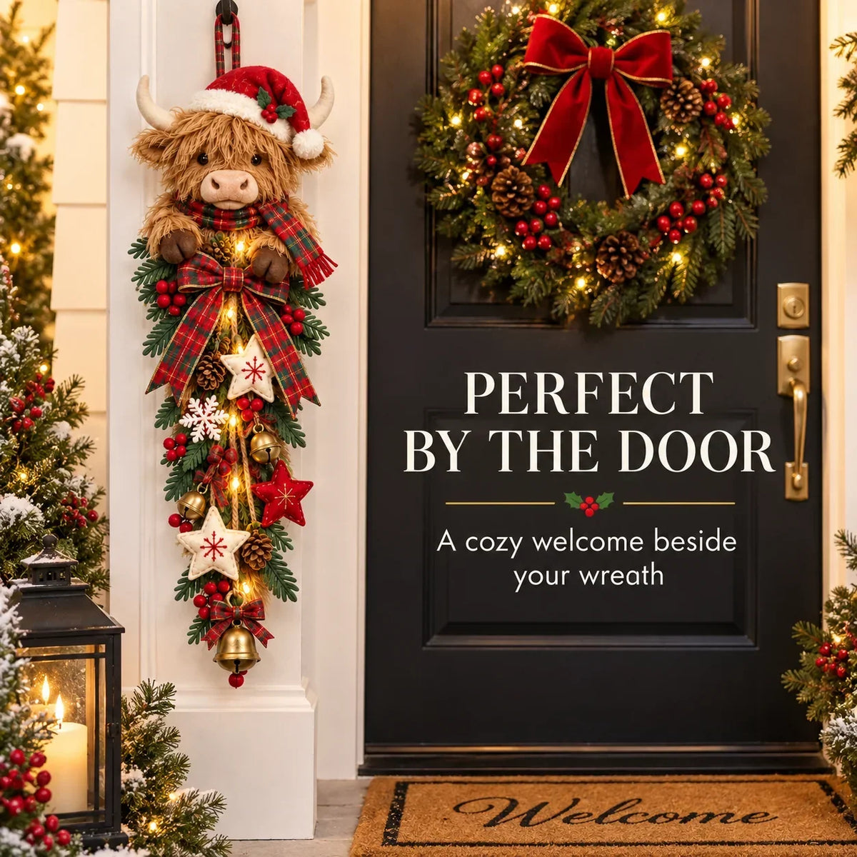 🔥 Last Day 50% OFF✨-🐮 Lighted Highland Cow Christmas Door Swag for Cozy Farmhouse Holiday Decor 🎄