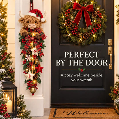 🔥 Last Day 50% OFF✨-🐮 Lighted Highland Cow Christmas Door Swag for Cozy Farmhouse Holiday Decor 🎄