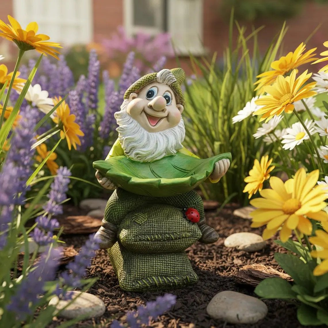 Birdie Butler Gnome — Whimsical Leaf Feeder Garden Statue