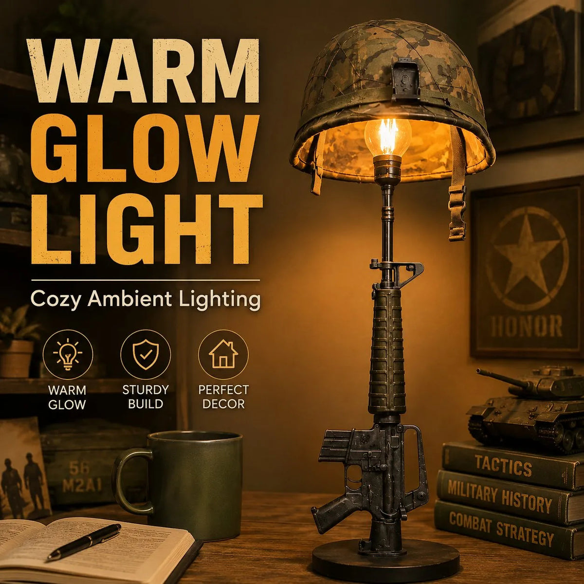 🪖 Last Day 50% OFF✨-💡Tactical Rifle & Helmet Table Lamp with Trigger Switch for Unique Military-Style Decor 🔥