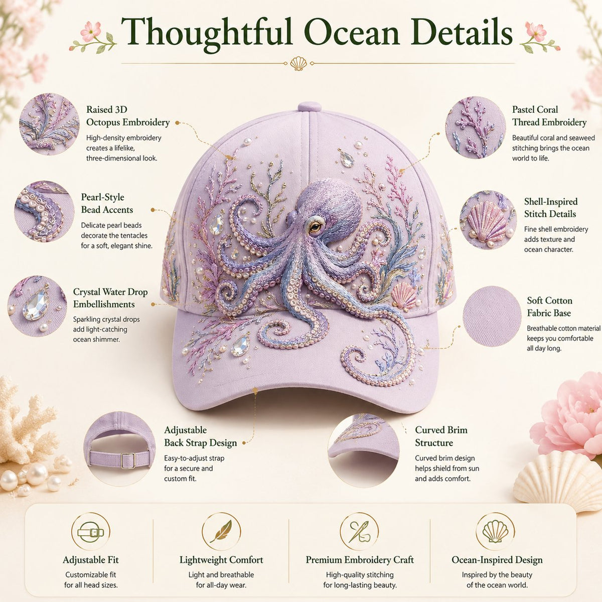🔥Last Day 50% OFF-🌊 3D Ocean Creatures Embroidery Cap