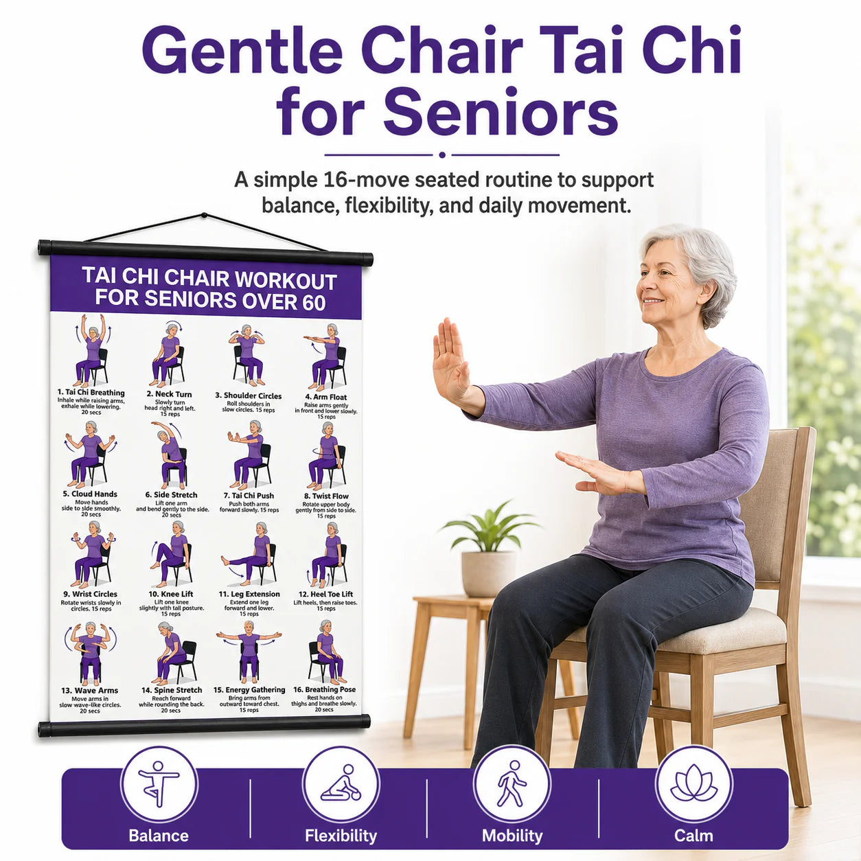 Senior Wellness Exercise Poster – 16-Step Chair Tai Chi Routine for Daily Mobility