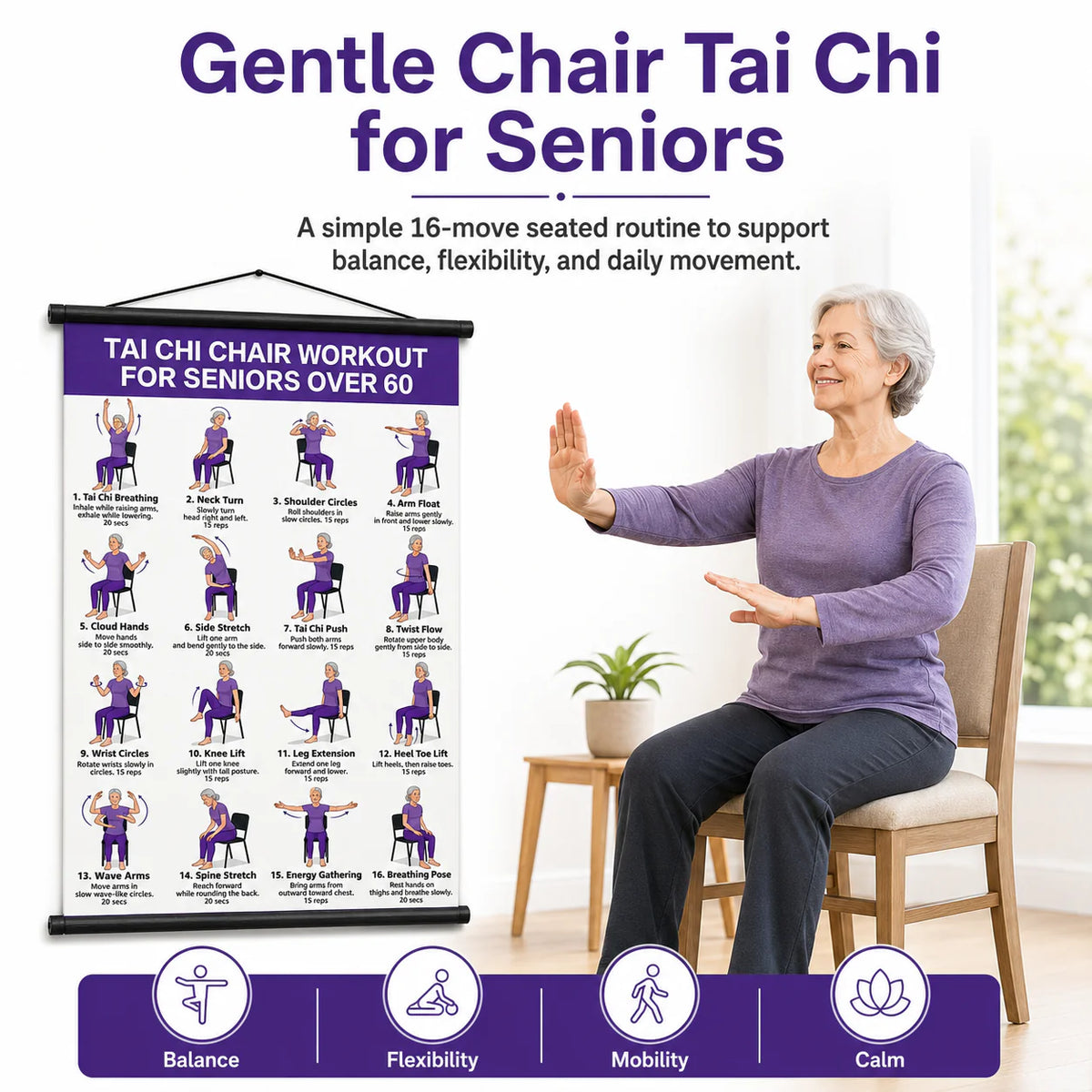Senior Wellness Exercise Poster – 16-Step Chair Tai Chi Routine for Daily Mobility