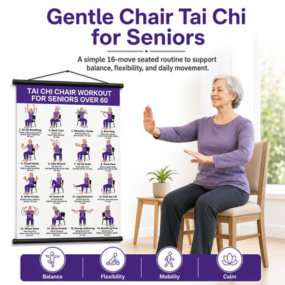 Senior Wellness Exercise Poster – 16-Step Chair Tai Chi Routine for Daily Mobility