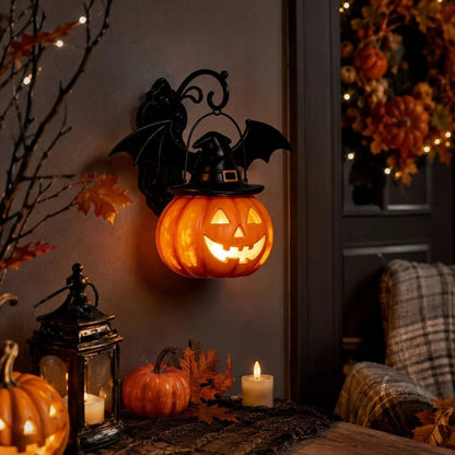🎃Last Day 50% OFF✨-🦇Bat Hat Pumpkin Wall Lamp for Spooky, Cozy & Festive Home Decor 👻