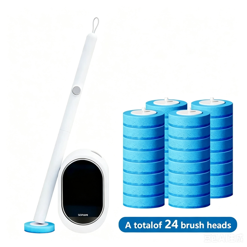 Disposable Toilet Brush Kit - 24 Refill Heads & Holder, Rotating No-Touch Deep Cleaner for Under-Rim & Corner, Bathroom Cleaning Tool for Home