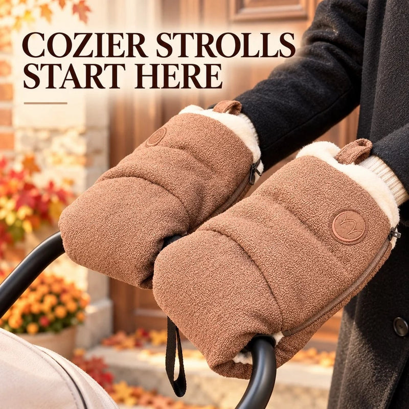 Camel-brown stroller handlebar mitts used outside a home